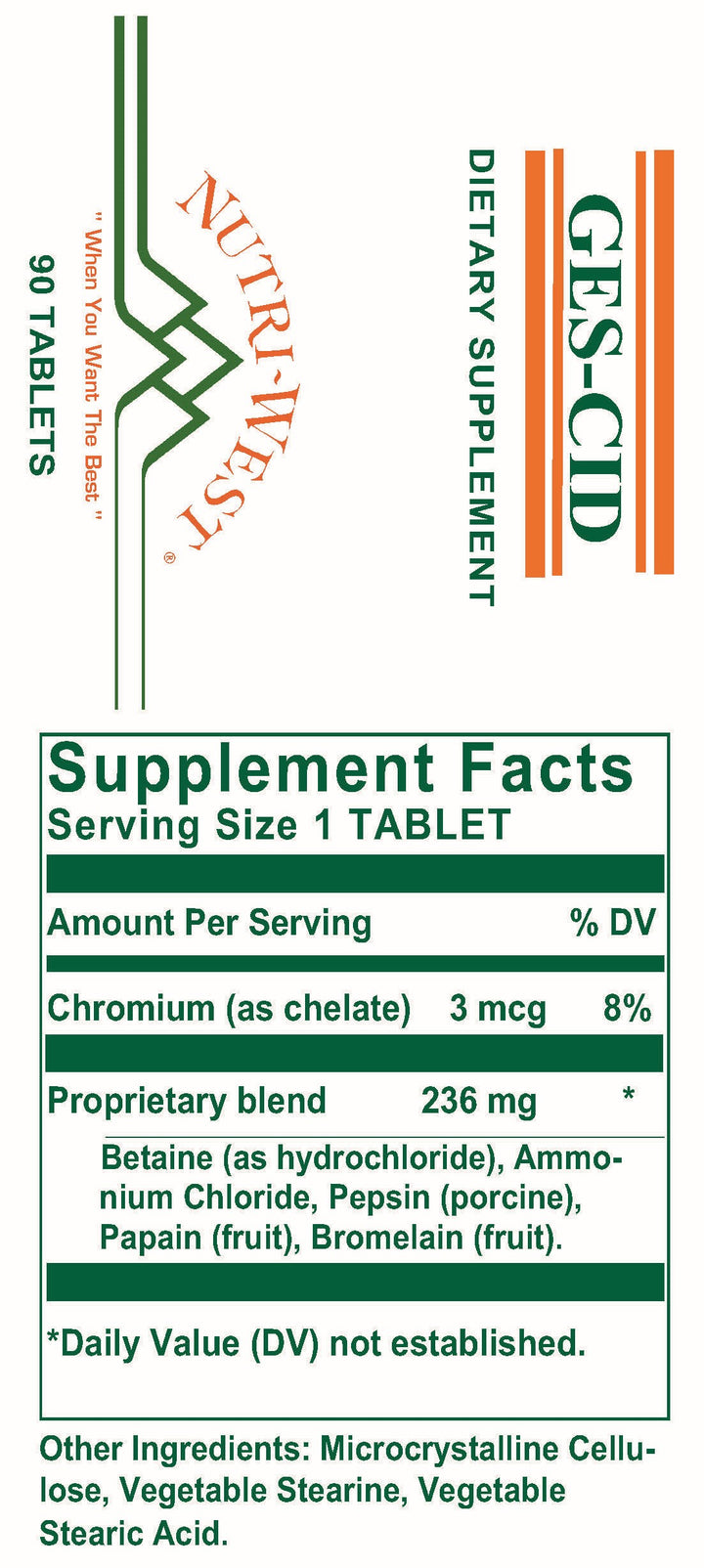 Nutri-West - Ges-Cid - 90 Tablets - Supplement Facts panel