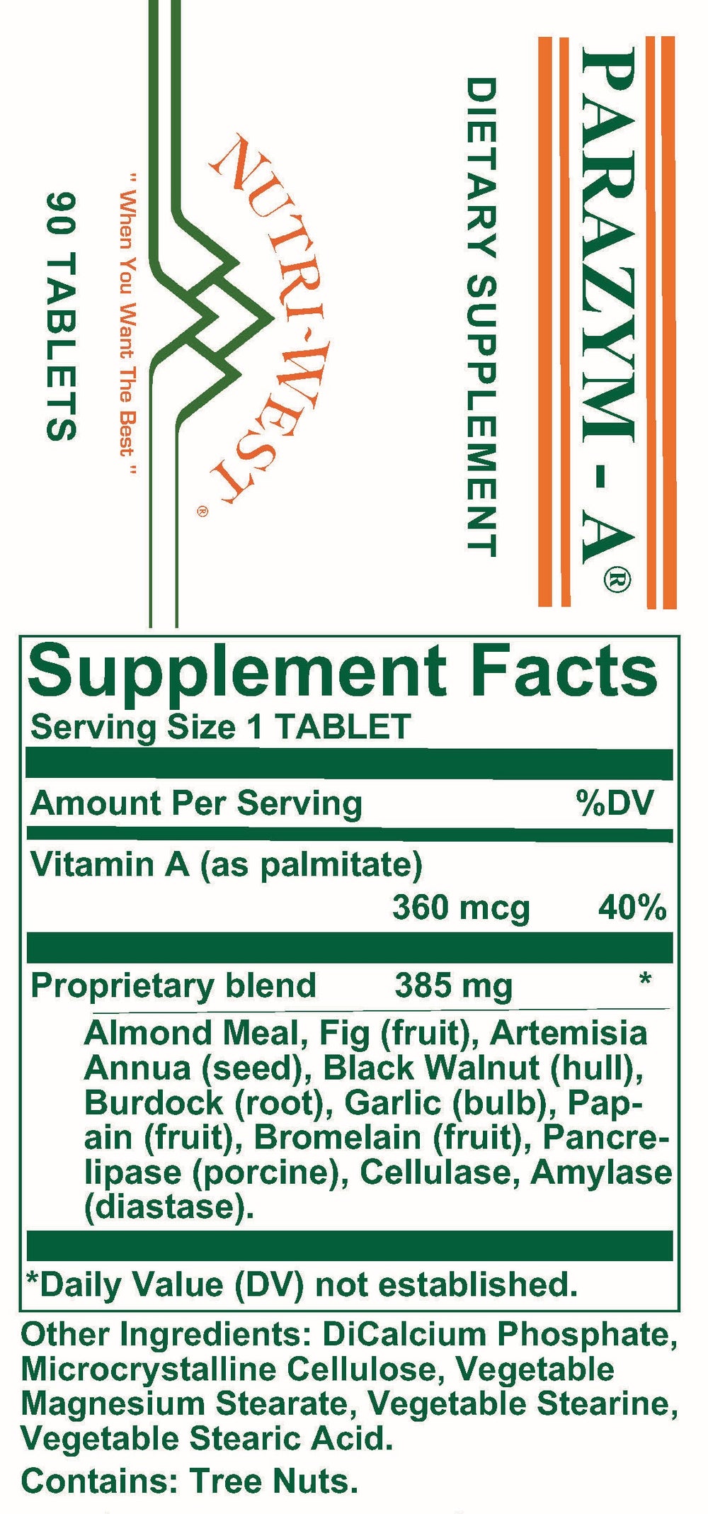 Nutri-West - Parazym-A - 90 Tablets - Supplement Facts panel