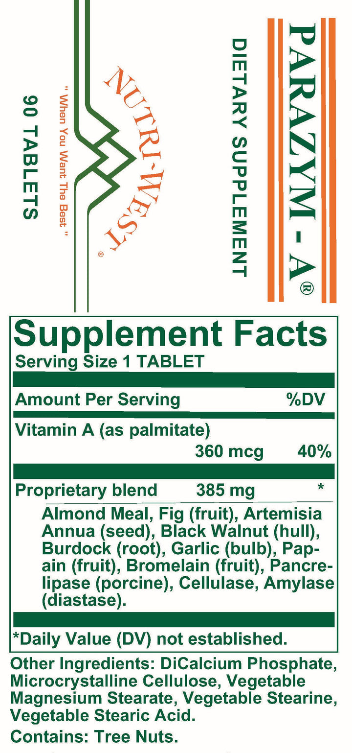 Nutri-West - Parazym-A - 90 Tablets - Supplement Facts panel