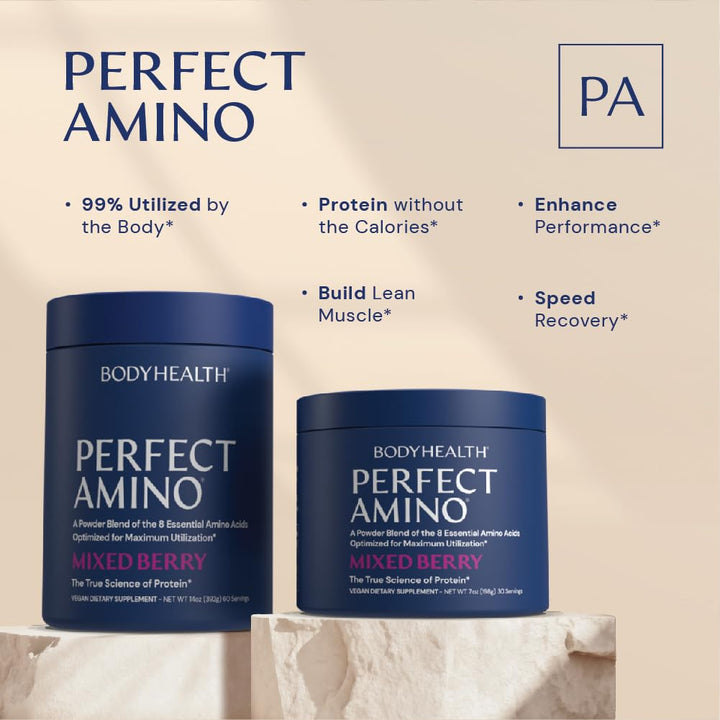 BodyHealth PerfectAmino Powder - BCAA and EAA Powder for Pre and Post Workout - Amino Acid Energy Drink for Men and Women to Support Lean Muscle and Recovery - Strawberry - 60 Servings