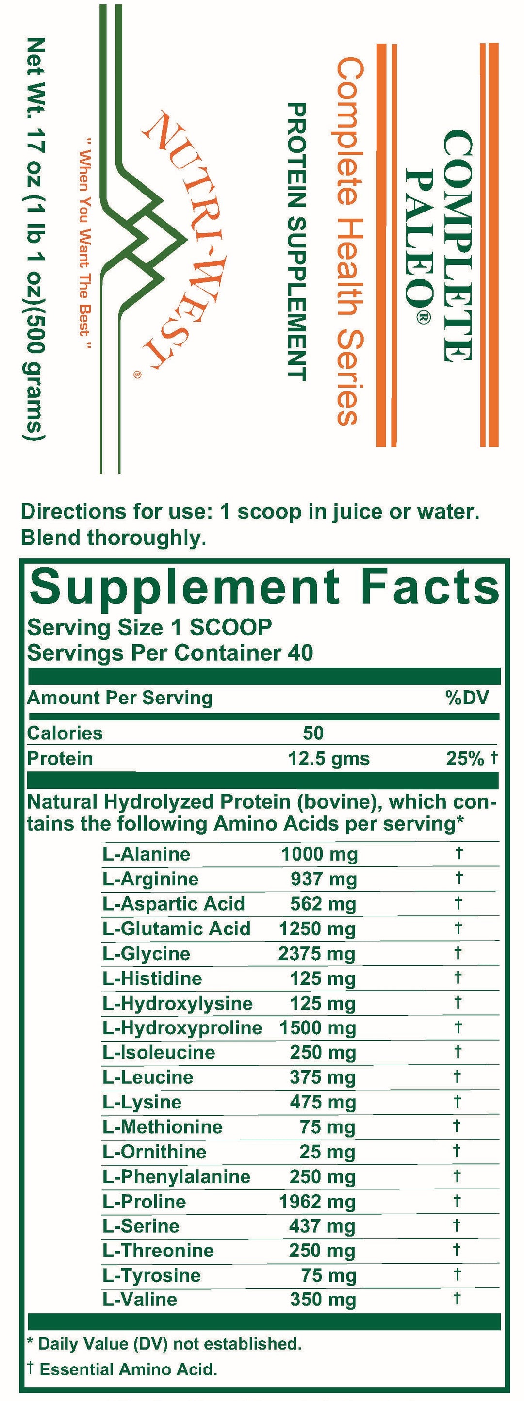 Nutri-West - Complete Paleo (Protein Powder) - 17 oz - Supplement Facts panel
