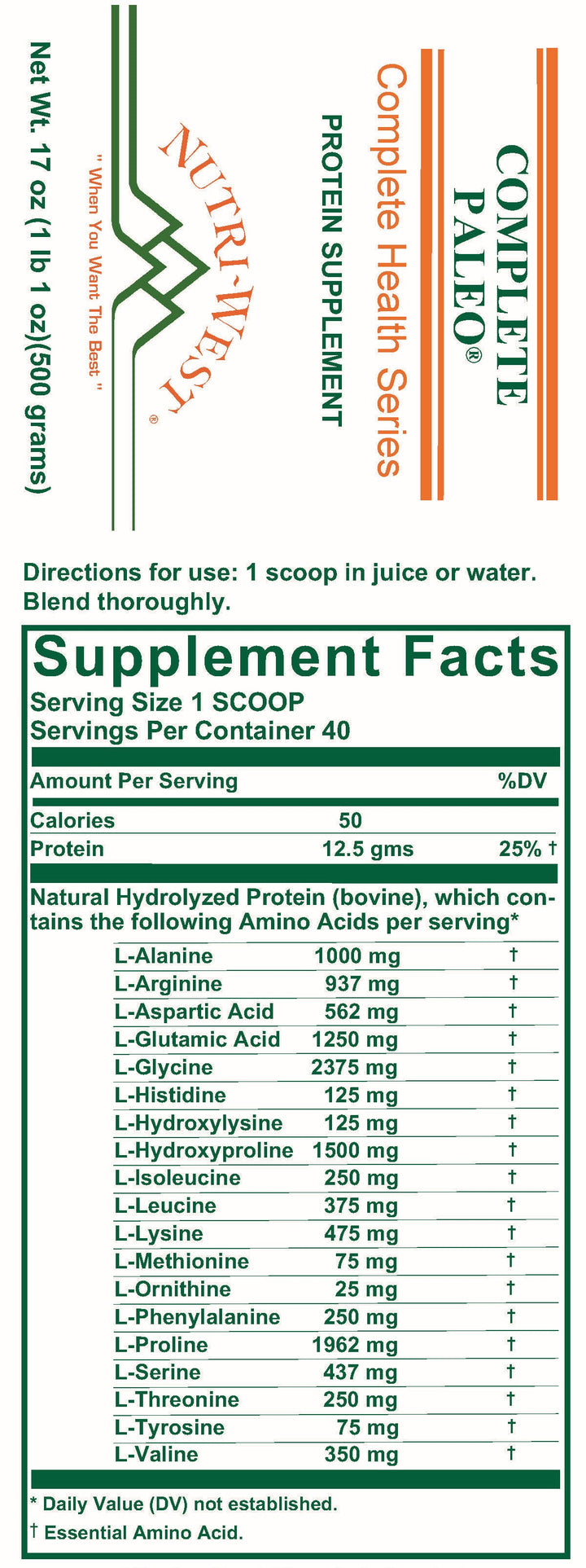 Nutri-West - Complete Paleo (Protein Powder) - 17 oz - Supplement Facts panel