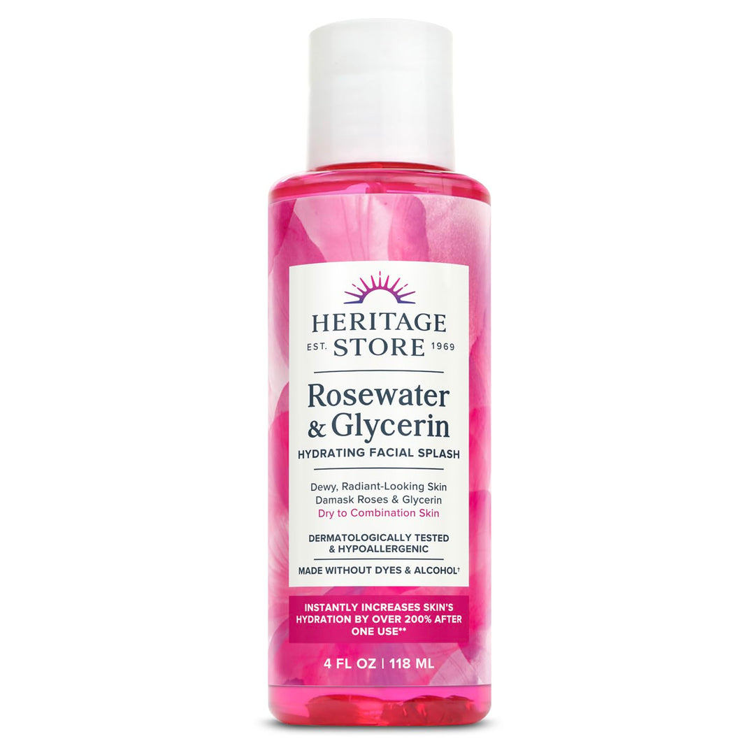 HERITAGE STORE Rosewater &amp; Glycerin Hydrating Facial Splash - Dry Combination Skin Care - Rose Water with Vegetable Glycerine - Made w/out Dyes or Alcohol, Hypoallergenic, Vegan, 60-Day Guarantee, 4oz