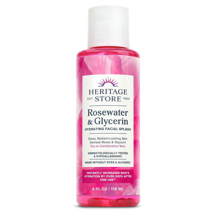 HERITAGE STORE Rosewater &amp; Glycerin Hydrating Facial Splash - Dry Combination Skin Care - Rose Water with Vegetable Glycerine - Made w/out Dyes or Alcohol, Hypoallergenic, Vegan, 60-Day Guarantee, 4oz