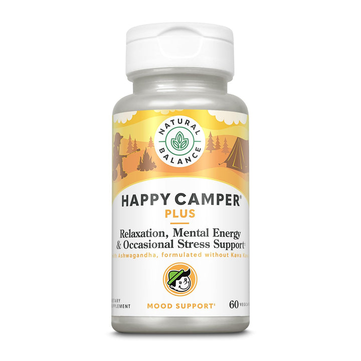 Natural Balance Happy Camper Plus - Supports Relaxation, Mental Energy, Occasional Stress w/KSM-66 Ashwagandha, L Theanine 200mg, Passion Flower, Lemon Balm, Holy Basil, 60-Day Guarantee, 30 Servings