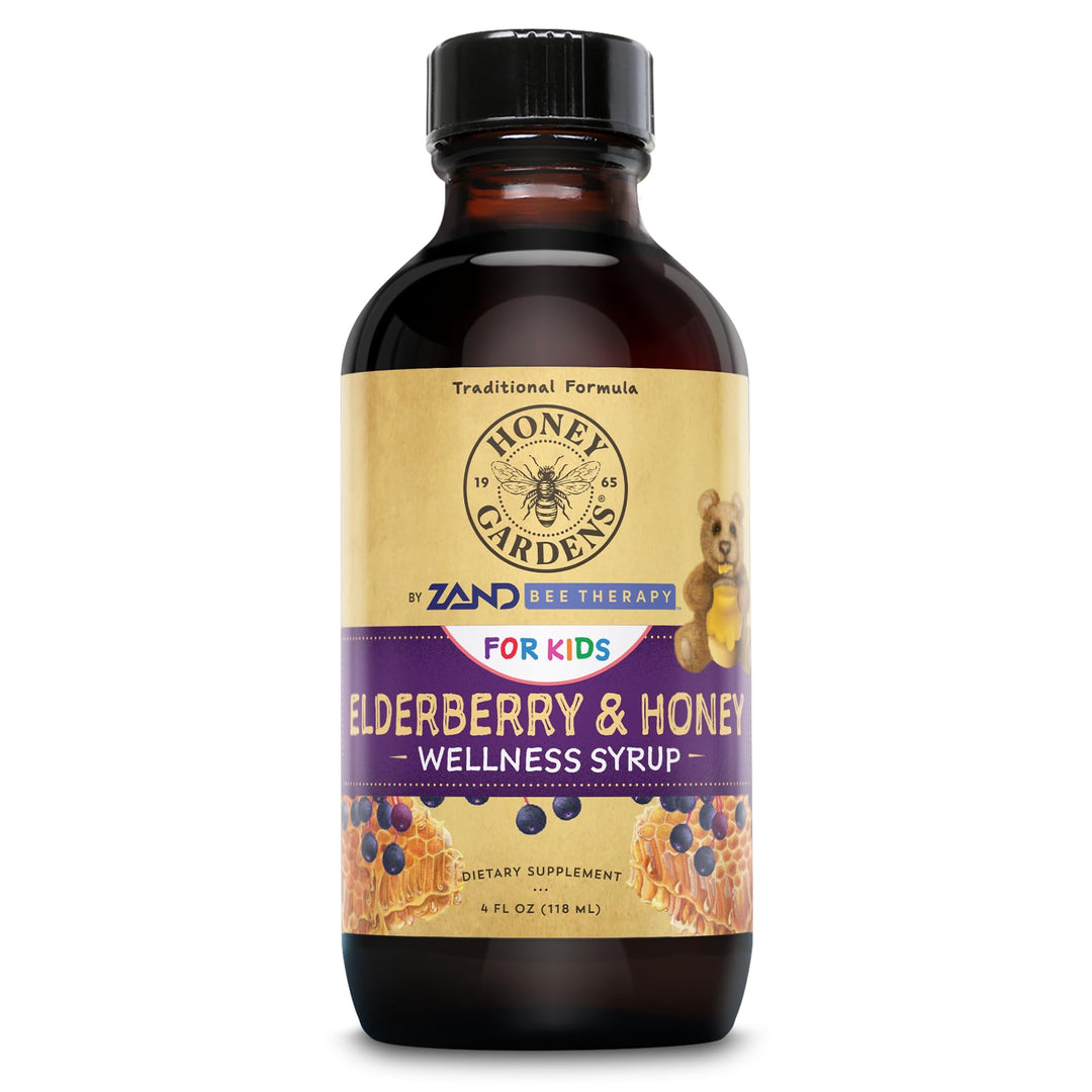 Honey Gardens Elderberry Syrup for Kids with Honey, Kids Elderberry Syrup, 6.4 mg of Elderberry Honey Syrup with Organic Raw Honey, Organic Echinacea Purpurea and Elderflower, 24 Servings, 4 FL. OZ.