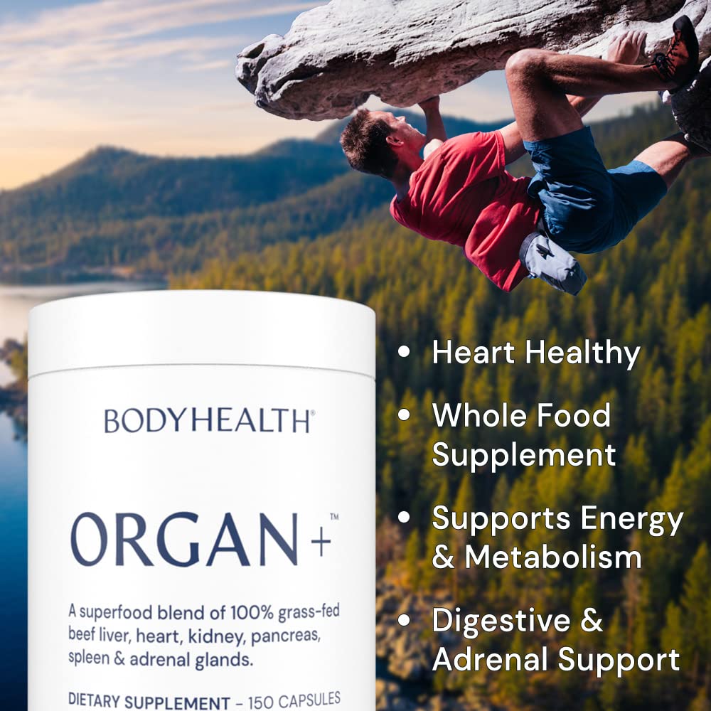 BodyHealth Organ+ Grass-Fed Glandular Organ Complex, Grassfed Beef Organ Supplement, Dessicated Beef Liver, Heart, Kidney, Pancreas, Spleen, Non GMO, Adrenal, Supplement, (150 Capsules)