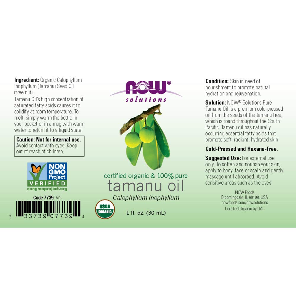 NOW Foods Solutions, Organic Tamanu Oil, Certified Organic and 100% Pure, Promotes Hydration and Rejuvenation, 1-Ounce