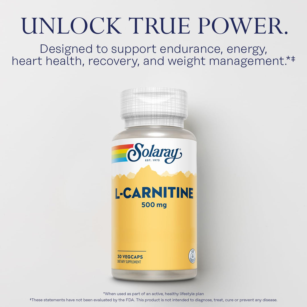SOLARAY L-Carnitine 500 mg, Free Form Amino Acid, Lab Verified, GMP Facility, 60-Day Money-Back Guarantee, 30 Servings, 30 VegCaps