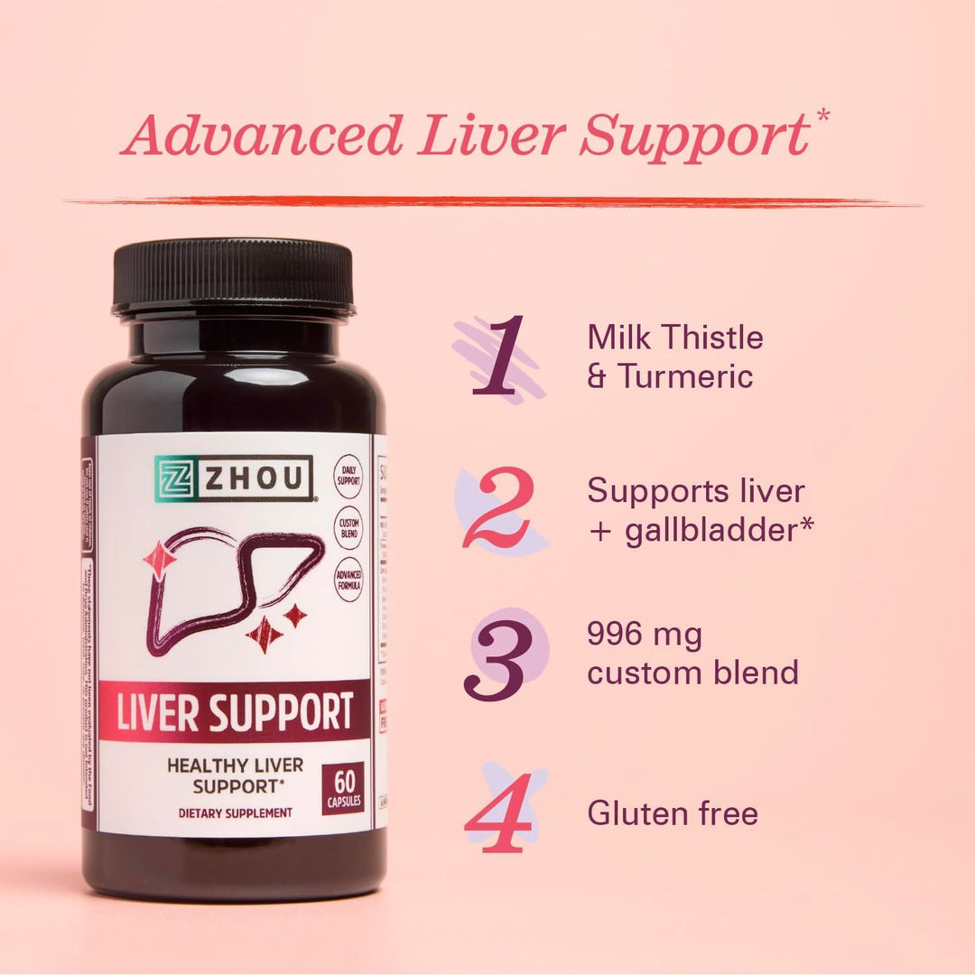 ZHOU Liver Support - Liver Cleanse and Detox, Milk Thistle Supplement with Turmeric, Artichoke, and Dandelion, Natural Health Support for Women and Men - 60 Vegetarian Capsules