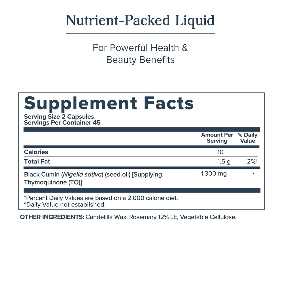 HERITAGE STORE Black Seed Oil Liquid Capsules 650mg, Nigella Sativa Oil Supplement with Thymoquinone, Omega 3 6 9, Antioxidant, Cholesterol, Digestive, Joint &amp; Immune Support*, Vegan, 45 Serv, 90ct