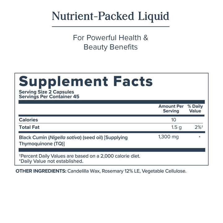 HERITAGE STORE Black Seed Oil Liquid Capsules 650mg, Nigella Sativa Oil Supplement with Thymoquinone, Omega 3 6 9, Antioxidant, Cholesterol, Digestive, Joint &amp; Immune Support*, Vegan, 45 Serv, 90ct