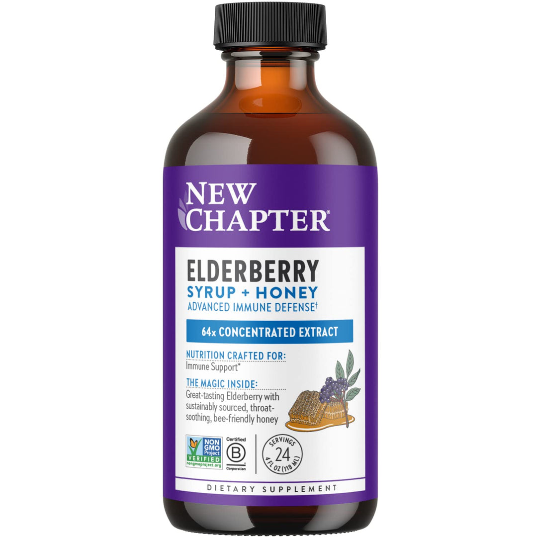 New Chapter Elderberry Syrup, 24 Servings, Immune Defense for Adults &amp; Kids (2+), 64x Concentrated Black Elderberry + Throat-Soothing Grade A Honey, Non-GMO Project Verified, Gluten Free