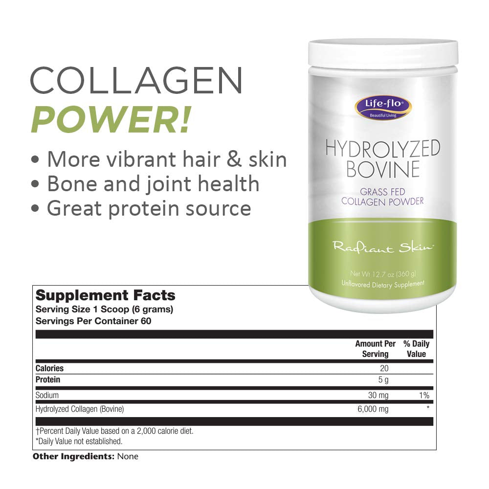 LifeFlo Hydrolyzed Bovine Collagen, Grass Fed | Supports Vibrant Skin &amp; Hair, Bone &amp; Joint Health | 12.7oz, 60 Serv.