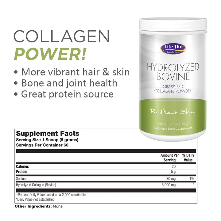 LifeFlo Hydrolyzed Bovine Collagen, Grass Fed | Supports Vibrant Skin &amp; Hair, Bone &amp; Joint Health | 12.7oz, 60 Serv.