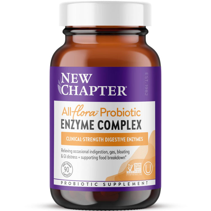New Chapter All-Flora Enzyme Complex with Probiotics Relieves Bloating &amp; Gas - Clinical-Strength Digestive Enzymes + Ultra-Concentrated Probiotics + Fermented Vitamin B12, 90 Vegan Capsules