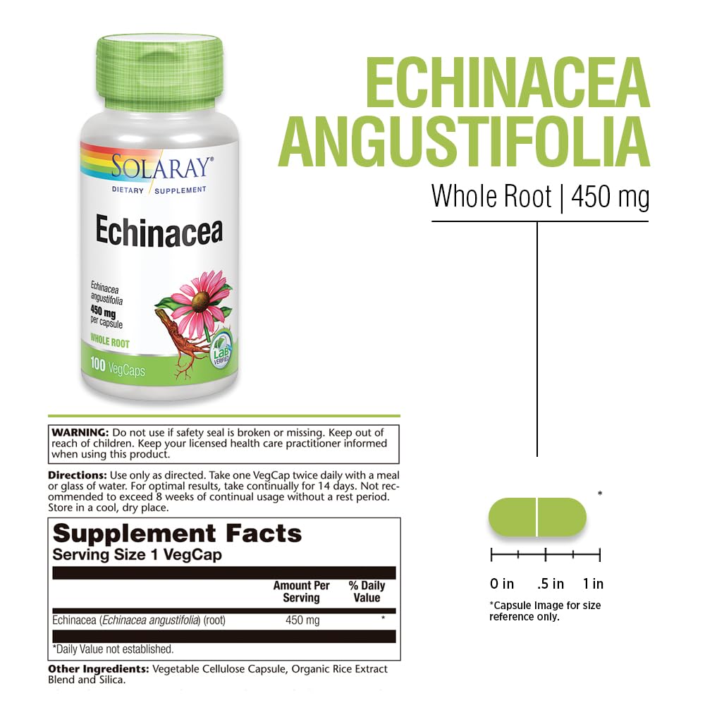 SOLARAY Echinacea Angustifolia Root 450 mg | Healthy Immune &amp; Respiratory Function Support | Lab Verified | 100 VegCaps