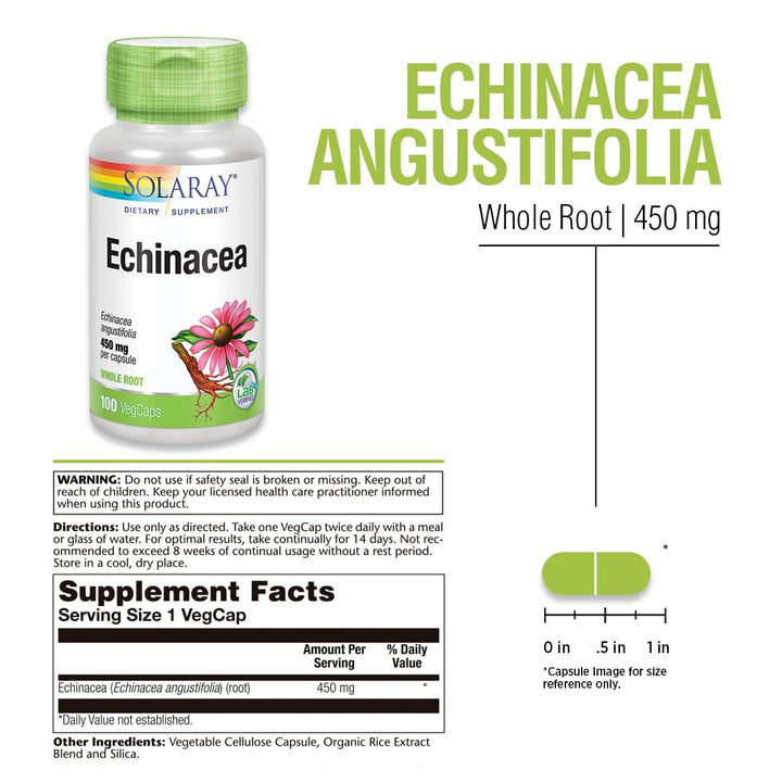 SOLARAY Echinacea Angustifolia Root 450 mg | Healthy Immune &amp; Respiratory Function Support | Lab Verified | 100 VegCaps