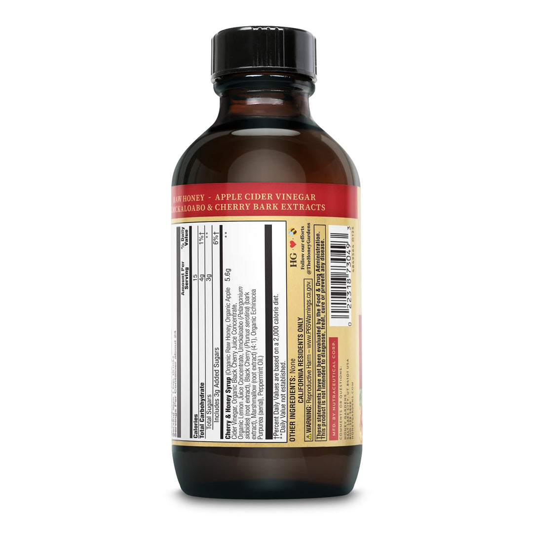Honey Gardens Cherry &amp; Honey Soothing Throat Syrup, Apitherapy Formula with Organic Raw Honey, Organic Apple Cider Vinegar, Black Cherry, and Herbal Extracts, 24 Servings, 4 FL. OZ.