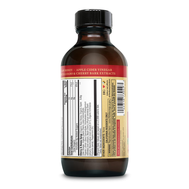 Honey Gardens Cherry &amp; Honey Soothing Throat Syrup, Apitherapy Formula with Organic Raw Honey, Organic Apple Cider Vinegar, Black Cherry, and Herbal Extracts, 24 Servings, 4 FL. OZ.