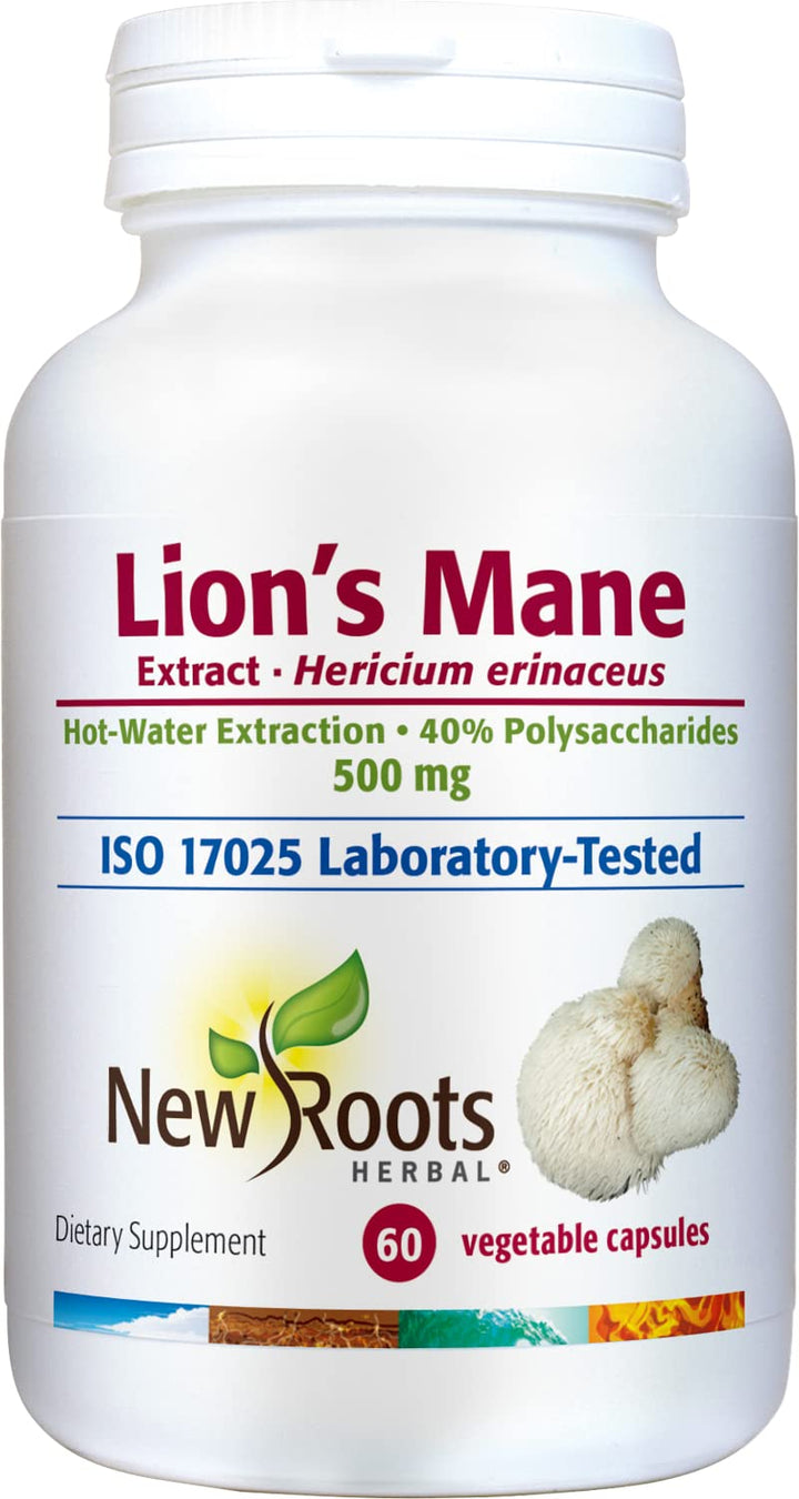 NEW ROOTS HERBAL Lions Mane Supplement Capsules (60 Caps) | 500mg Highly Concentrated Lion&