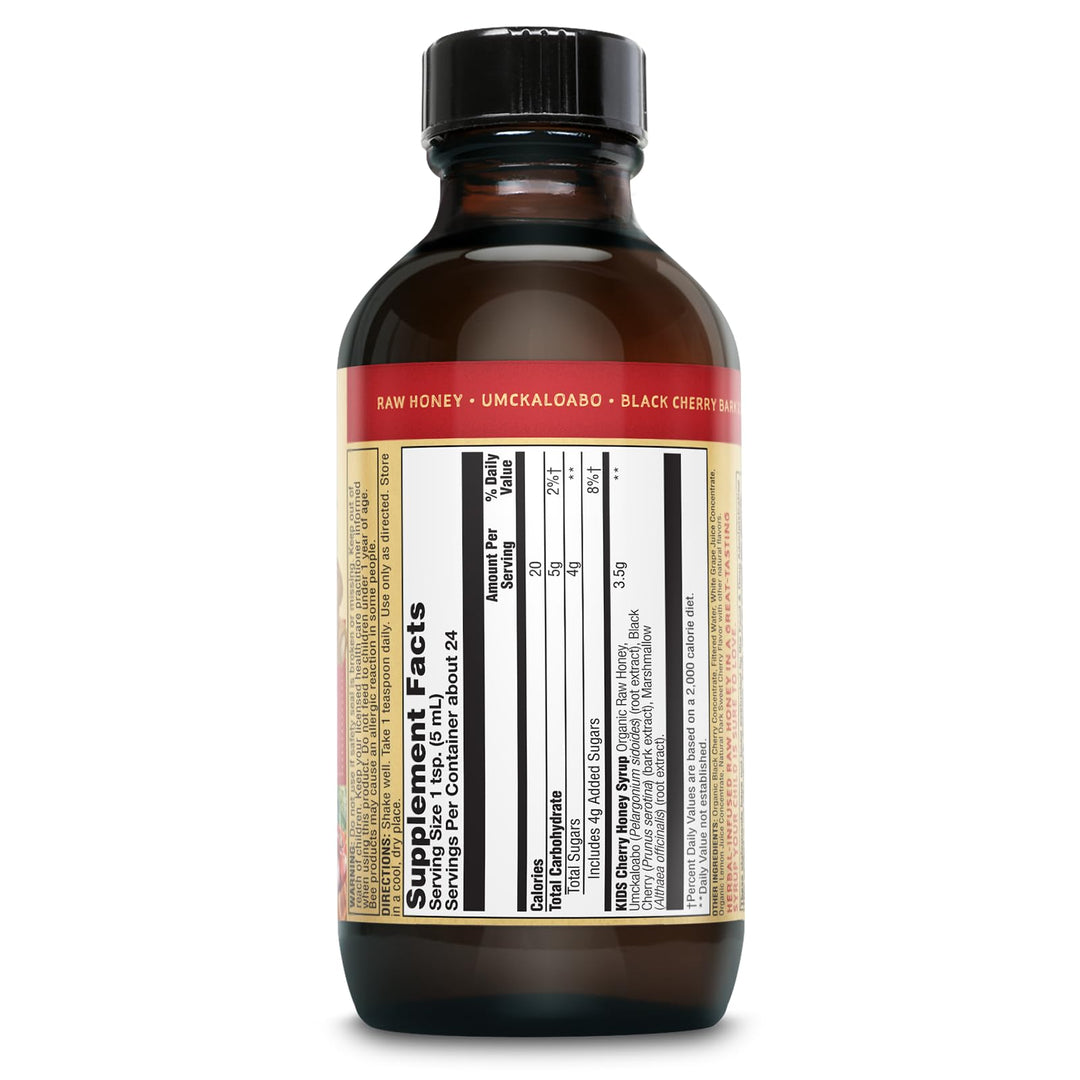 Honey Gardens Kids Cherry &amp; Honey Soothing Throat Syrup, Herbal Infused Raw Honey Syrup, Apitherapy Formula Includes Extracts of Umckaloabo, Black Cherry, Marshmallow, 24 Servings, 4 FL. OZ.