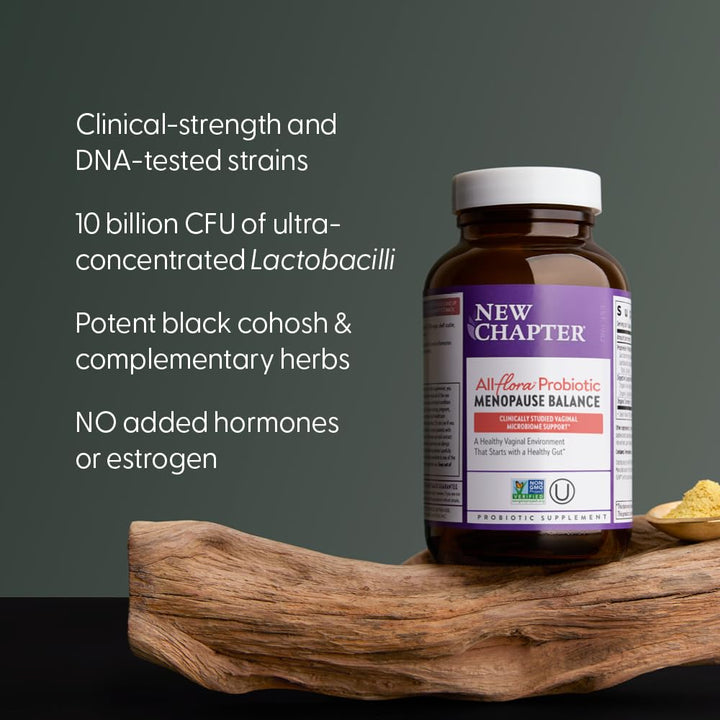 New Chapter All-Flora Probiotic Menopause Balance, Ultra-Concentrated Probiotics for Women with Black Cohosh for Menopause Hot Flashes, 100% Vegan, 30 Vegan Capsules