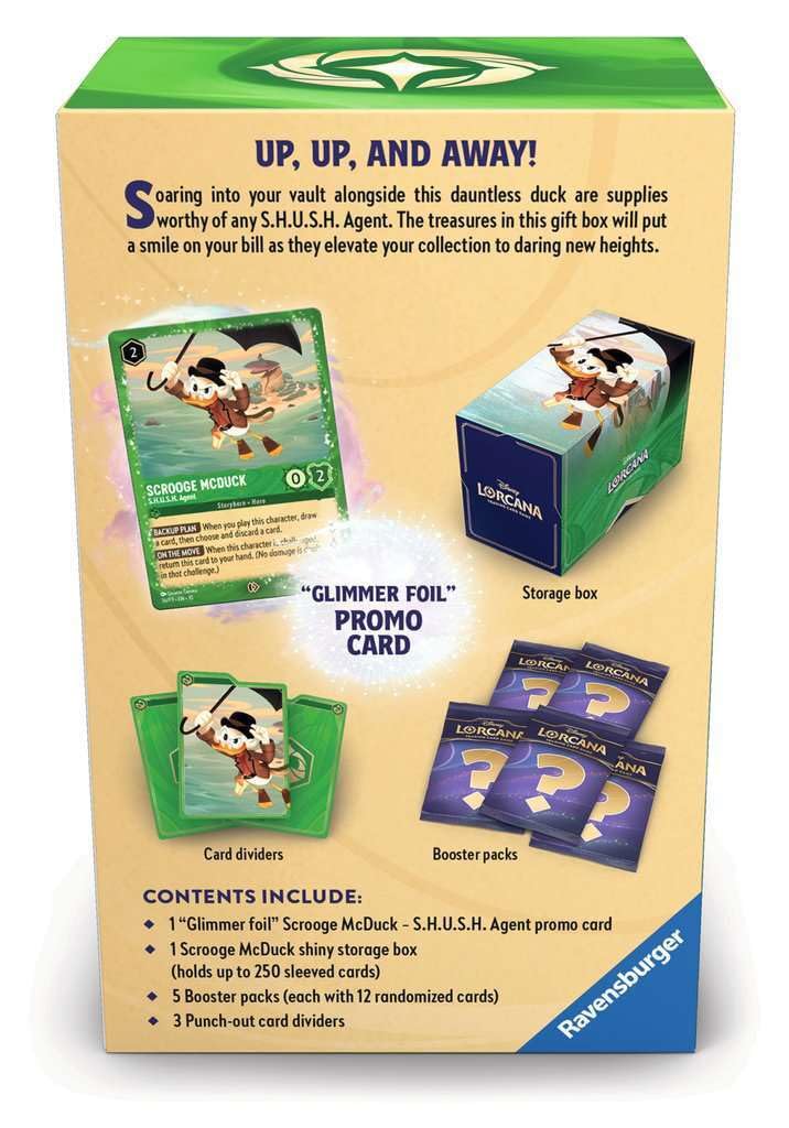 Ravensburger Disney Lorcana TCG: Scrooge McDuck Gift Box - Glimmer Foil Promo Card, 5 Assorted Booster Packs, Storage Box and Dividers - Trading Card Game &amp; Disney Collectible - Ages 8+