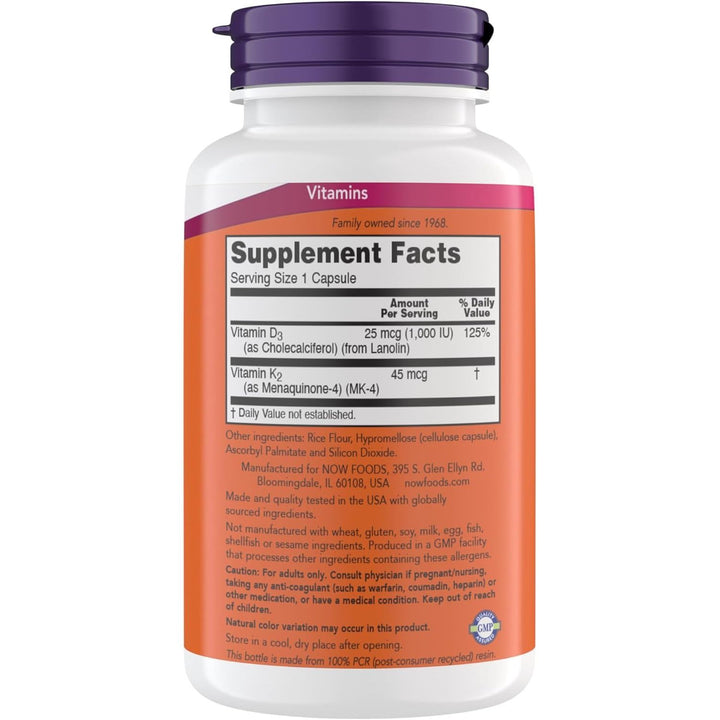 Now Supplements Vitamin D3 K2, 1,000 IU/45 mcg, Cardiovascular Support, Supports Bone Health, 180 Vegetarian Capsules - Vegan, Gluten Free, Kosher Vitamin D3 and K2 Supplements (2)