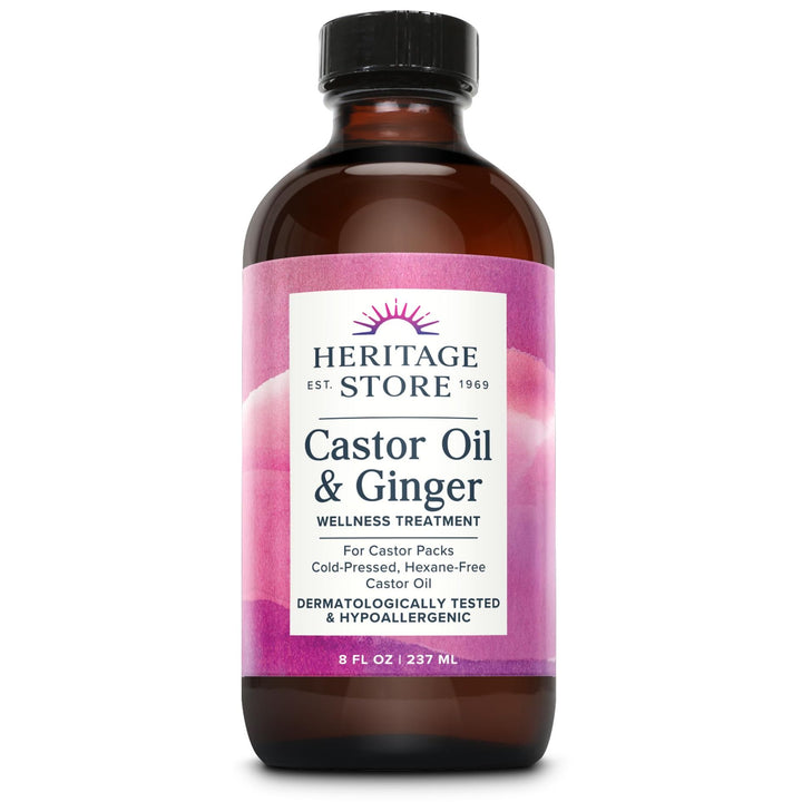 HERITAGE STORE Castor Oil &amp; Ginger - Cold Pressed Organic Castor Oil Pack Wrap - Heat Compress for Abdomen, Joints, Overall Wellness with Calming Ginger - Hypoallergenic, Vegan, 60-Day Guarantee, 8oz