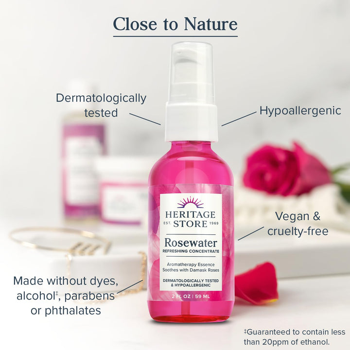 HERITAGE STORE Rosewater Concentrate - Aromatherapy Essence w/Damask Rose - Add Water for a Hydrating Face Mist or Blend Into Unscented Beauty Products - Hypoallergenic, Vegan, 60-Day Guarantee, 2oz