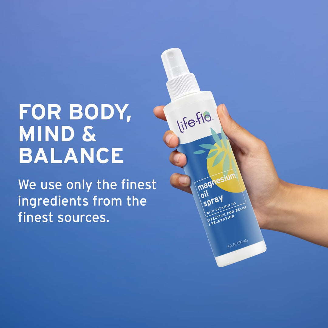 Life-flo Magnesium Oil Spray with Vitamin D3, Highly Concentrated Magnesium Chloride Spray from the Zechstein Seabed, Calms and Relaxes Muscles and Joints, 60-Day Guarantee, Not Tested on Animals, 8oz