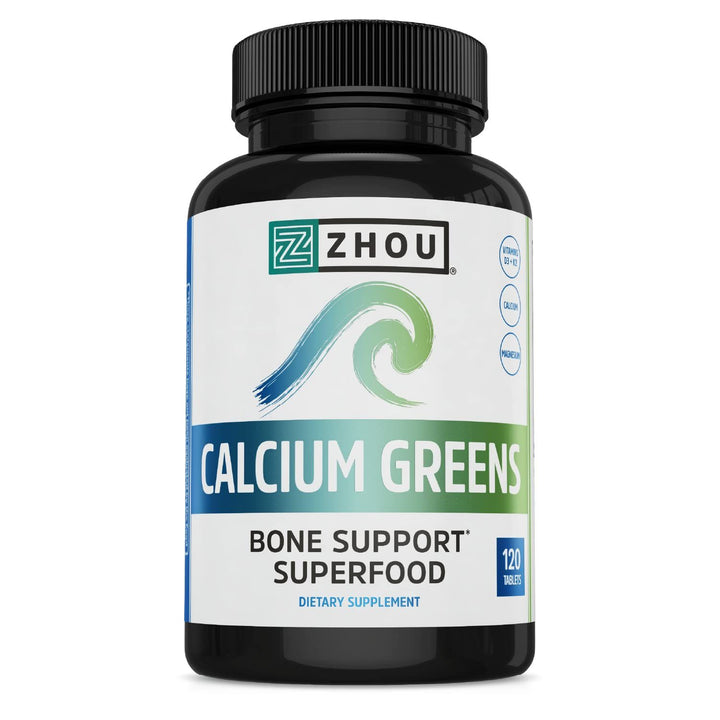 Zhou Calcium Greens - Calcium Supplements for Women &amp; Men, Bone Strength Support Supplement with Vitamin D3, Bone Support with Algae &amp; Vitamin K2 &amp; D, Plant Based - 120 Tablets