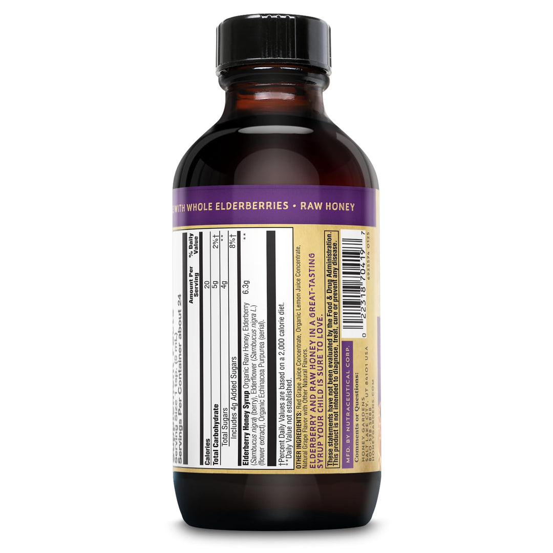 Honey Gardens Elderberry Syrup for Kids with Honey, Kids Elderberry Syrup, 6.4 mg of Elderberry Honey Syrup with Organic Raw Honey, Organic Echinacea Purpurea and Elderflower, 24 Servings, 4 FL. OZ.