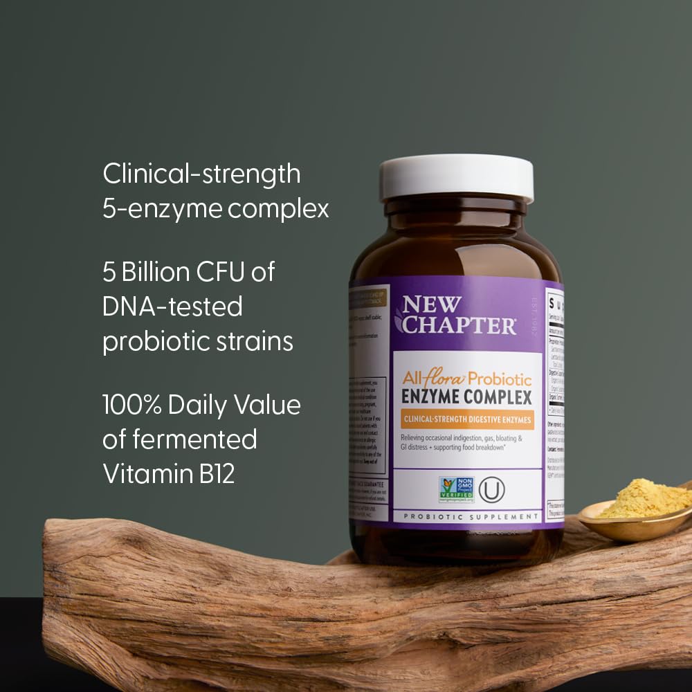 New Chapter All-Flora Enzyme Complex with Probiotics Relieves Bloating &amp; Gas - Clinical-Strength Digestive Enzymes + Ultra-Concentrated Probiotics + Fermented Vitamin B12, 90 Vegan Capsules