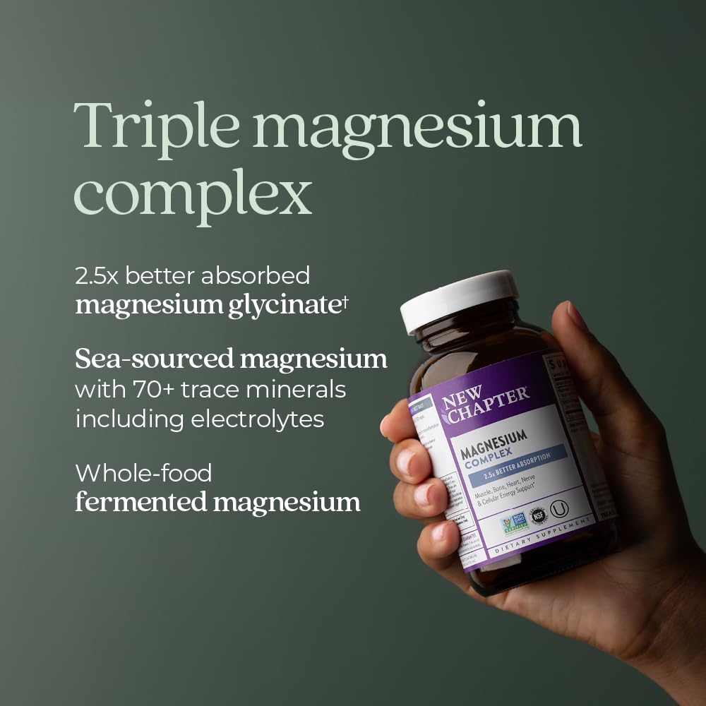 New Chapter Magnesium Complex Supplement, 325mg with Magnesium Glycinate + Sea-Sourced + Fermented Forms for Heart, Bone, Nerve, Muscle &amp; Cellular Energy, 100% Vegan, 180 Tablets