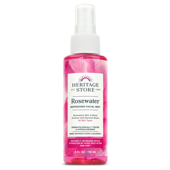 HERITAGE STORE Rosewater - Refreshing Face Mist with Damask Rose, All Skin Types - Hydrating Rose Water Spray for Glowing Skin Care - No Dyes or Alcohol, Hypoallergenic, Vegan, 60-Day Guarantee, 4oz