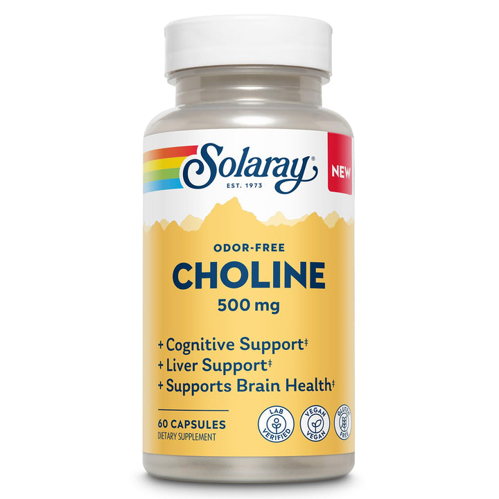 SOLARAY Choline 500 mg – Cognitive, Brain Health and Liver Support Supplement – Powerful Brain Supplement &amp; Choline Source for Adults – Odor-Free, Vegan Liquid VegCaps – 60 Servings, 60 Capsules