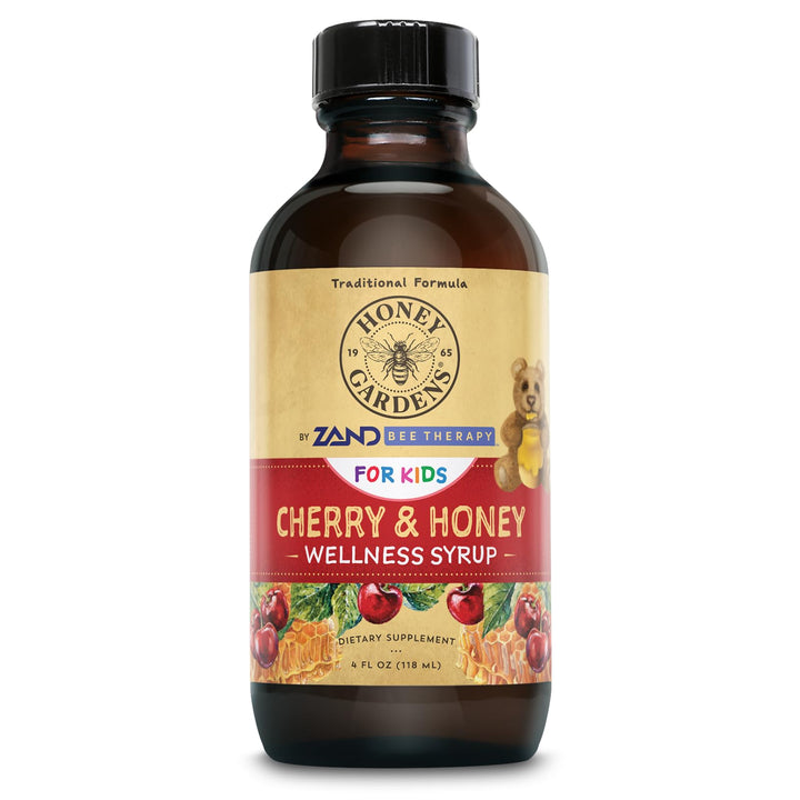 Honey Gardens Kids Cherry &amp; Honey Soothing Throat Syrup, Herbal Infused Raw Honey Syrup, Apitherapy Formula Includes Extracts of Umckaloabo, Black Cherry, Marshmallow, 24 Servings, 4 FL. OZ.