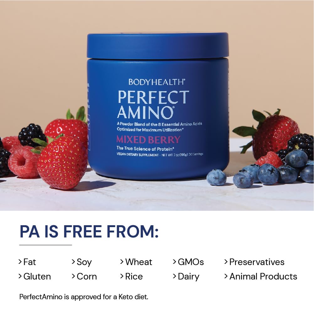 BodyHealth PerfectAmino Powder - BCAA and EAA Powder for Pre and Post Workout - Amino Acid Energy Drink for Men and Women to Support Lean Muscle and Recovery - Strawberry - 60 Servings