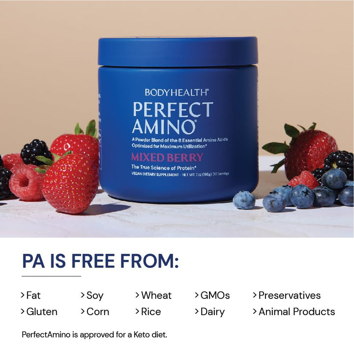 BodyHealth PerfectAmino Powder - BCAA and EAA Powder for Pre and Post Workout - Amino Acid Energy Drink for Men and Women to Support Lean Muscle and Recovery - Strawberry - 60 Servings