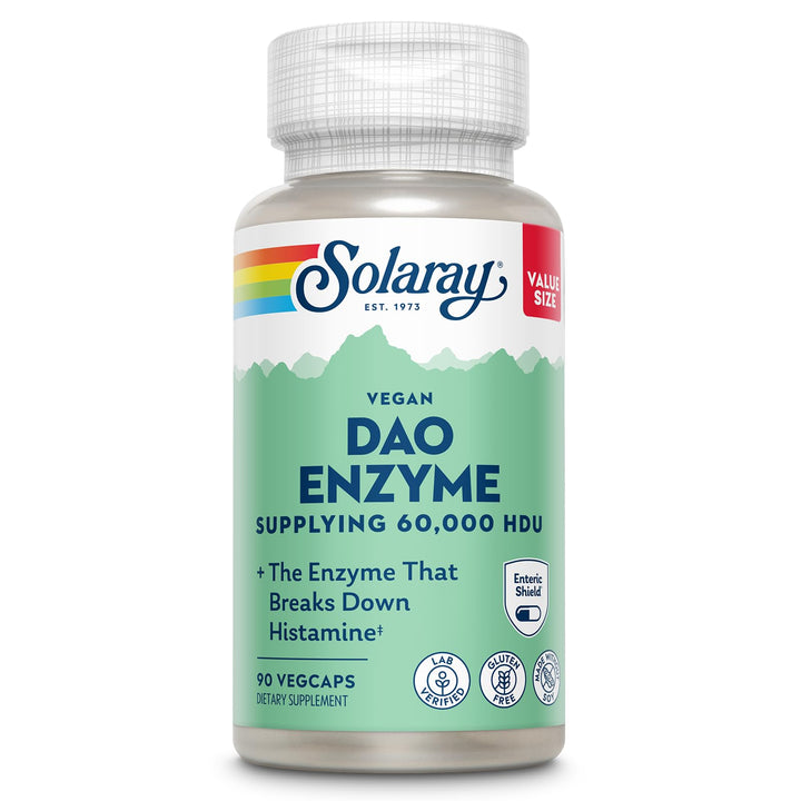 SOLARAY DAO Enzyme - Digestive Enzyme That Breaks Down Histamine - 60,000 HDU - Digestive Enzymes - Vegan, Gluten Free, Lab Verified - 90 Servings, 90 VegCaps