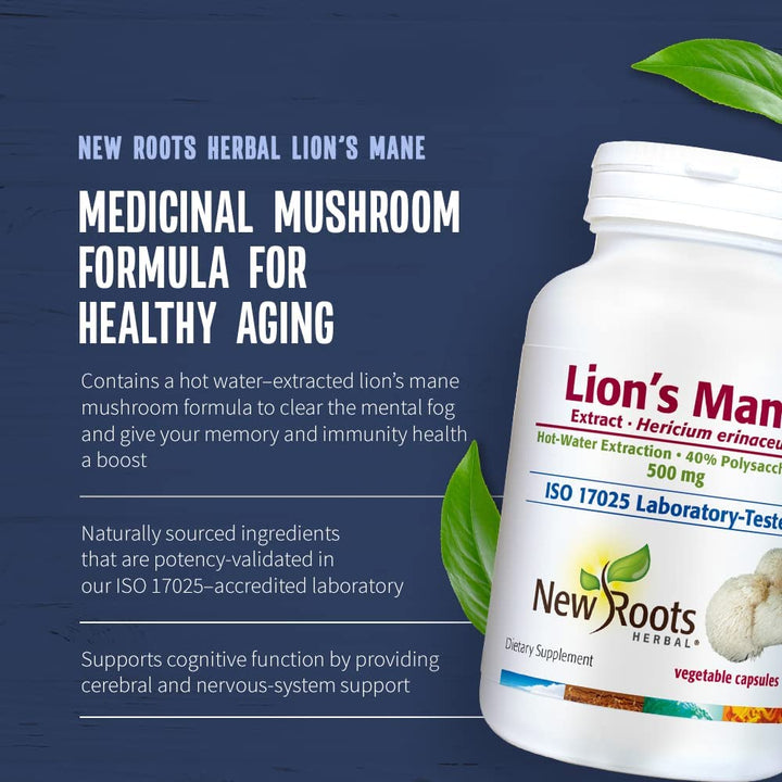 NEW ROOTS HERBAL Lions Mane Supplement Capsules (60 Caps) | 500mg Highly Concentrated Lion&