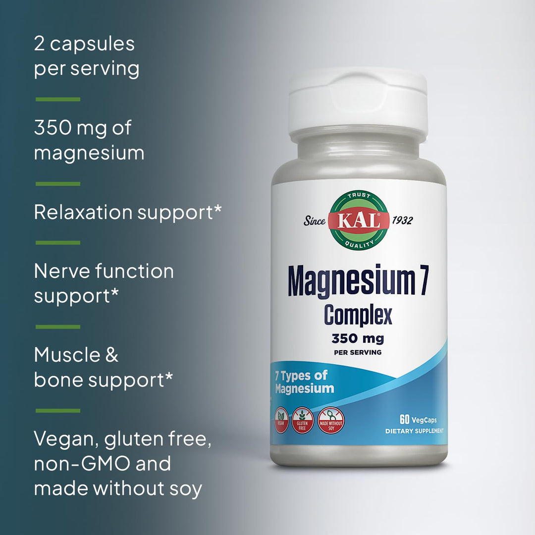 KAL Magnesium Complex 7 - Total Complex with Magnesium Glycinate, Citrate, Malate and More - Relaxation and Whole Body Support Supplements - Vegan, 60-Day Guarantee - 30 Servings - 60 VegCaps