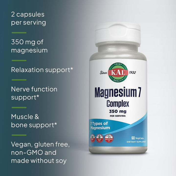 KAL Magnesium Complex 7 - Total Complex with Magnesium Glycinate, Citrate, Malate and More - Relaxation and Whole Body Support Supplements - Vegan, 60-Day Guarantee - 30 Servings - 60 VegCaps