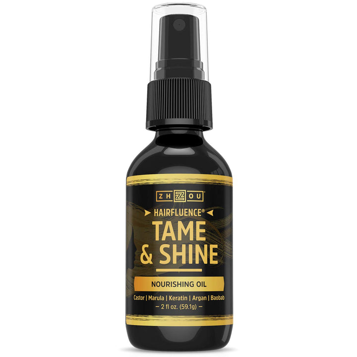 Zhou Hairfluence Tame &amp; Shine Hair Oil for Frizz-Free Healthy Shine | Scientifically Formulated Hair Oil Serum &amp; Detangler with Keratin, Biotin, Argan, Baobab, Marula, Castor Oils | 2 oz