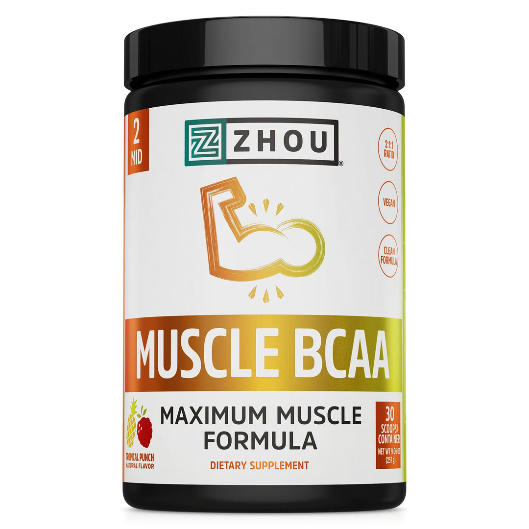 ZHOU Muscle BCAA - Vegan BCAA Powder, BCAA Supplements for Men & Women, Support Muscle Health, Drink for Energy, All Natural Branched Chain Aminos - Tropical Punch, 11.6 oz (30 Servings)