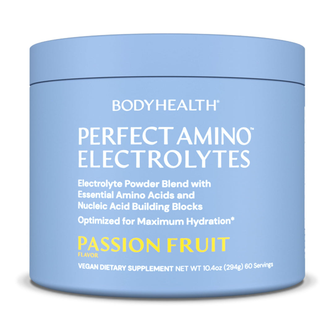 BodyHealth PerfectAmino Electrolytes Powder No Sugar, Hydration Fasting Keto Zero Sugar Electrolytes Drink Mix with Trace Minerals - Passion Fruit - 60 Servings