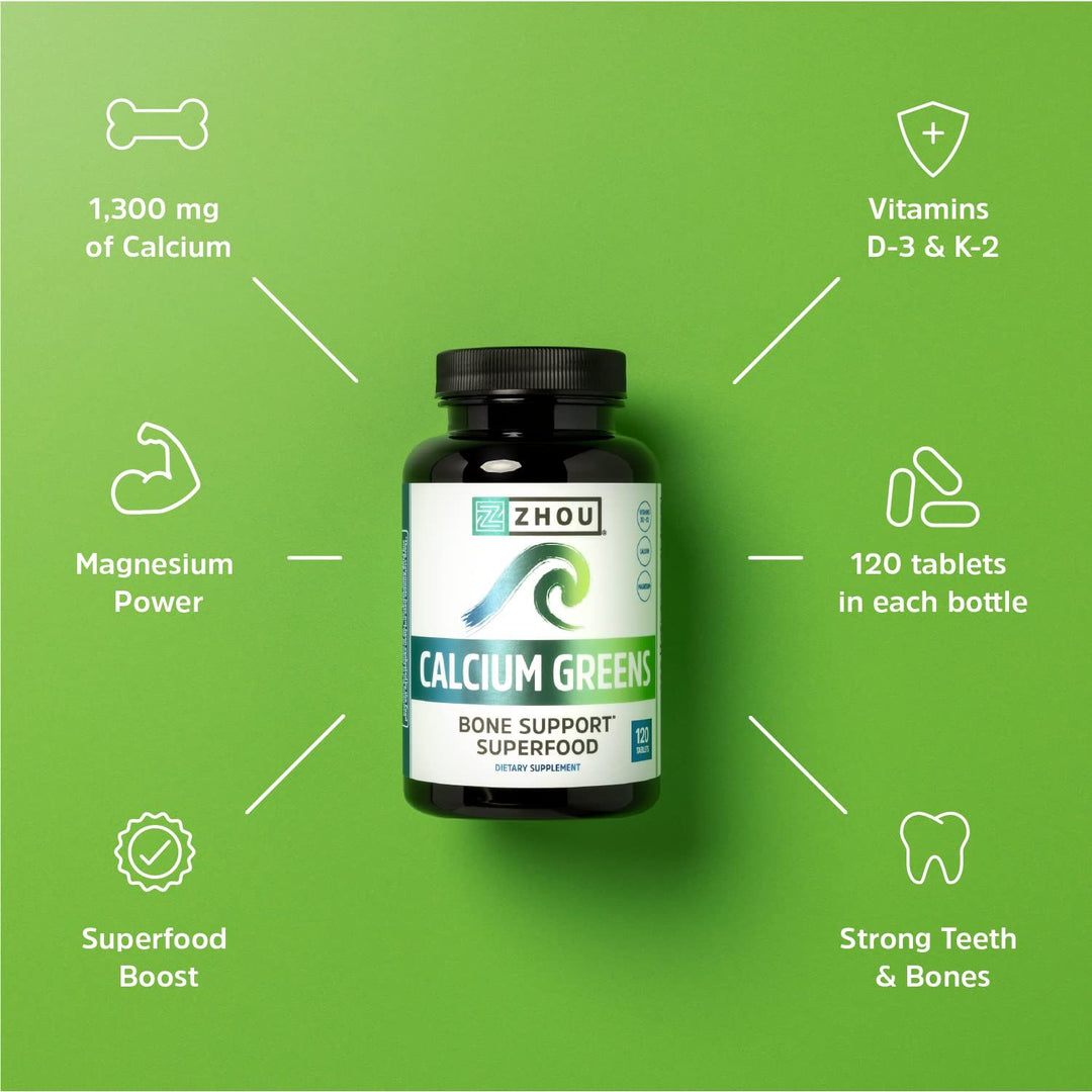 Zhou Calcium Greens - Calcium Supplements for Women &amp; Men, Bone Strength Support Supplement with Vitamin D3, Bone Support with Algae &amp; Vitamin K2 &amp; D, Plant Based - 120 Tablets