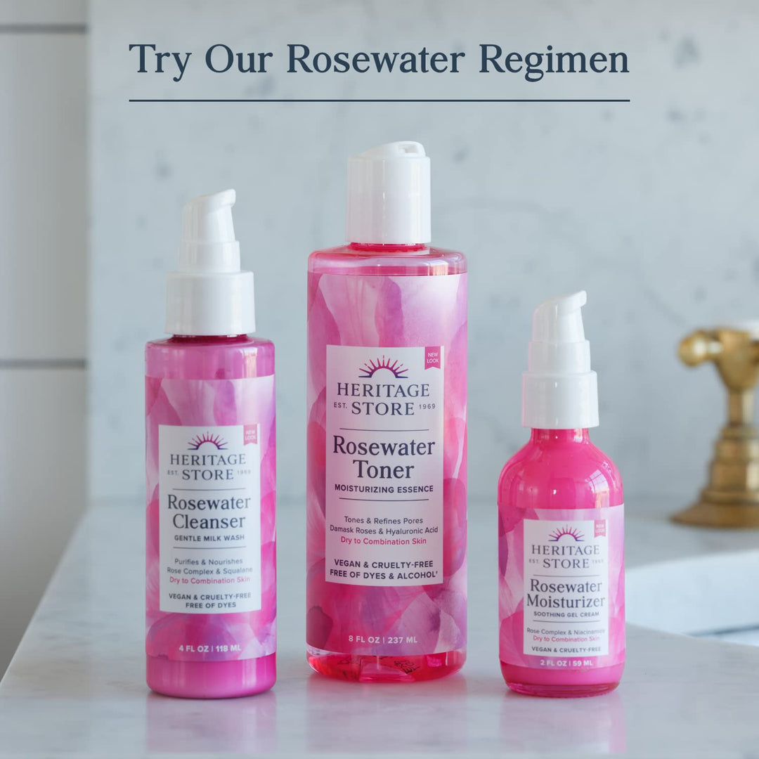 HERITAGE STORE Rosewater &amp; Glycerin Hydrating Facial Splash - Dry Combination Skin Care - Rose Water with Vegetable Glycerine - Made w/out Dyes or Alcohol, Hypoallergenic, Vegan, 60-Day Guarantee, 4oz